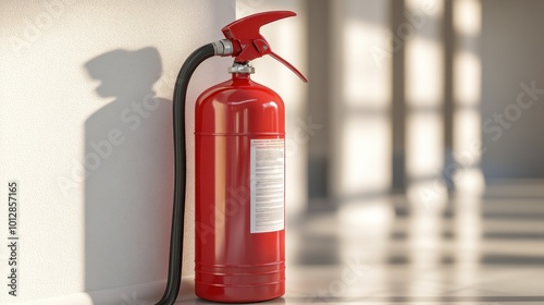 A red fire extinguisher positioned against a wall in a well-lit indoor environment. photo