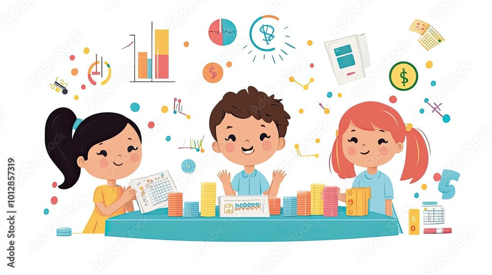 Children learning about finance, money, and business by playing a game with blocks, charts, and graphs. Children learning about finance, money, and business by playing a game with blocks, charts, and graphs.