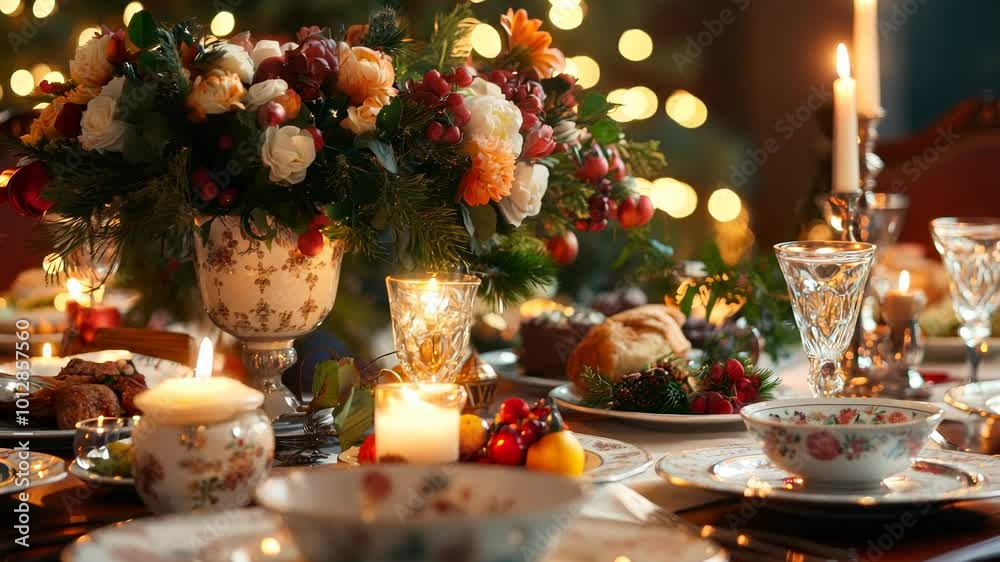 Luxurious banquet table with fine china, crystal glasses, candles, gourmet dishes. warm lighting casts soft glow. Luxurious banquet table with fine china, crystal glasses, candles, gourmet dishes. warm lighting casts soft glow.