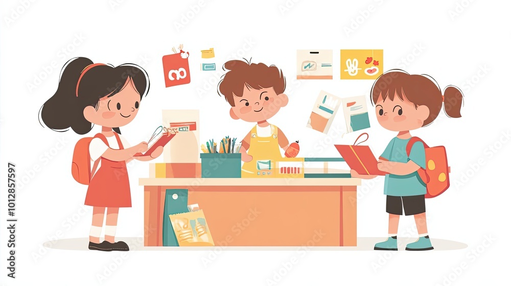 Three Cartoon Children with Backpacks in a Classroom Setting Three Cartoon Children with Backpacks in a Classroom Setting
