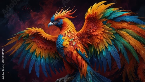 A colorful phoenix bird with its wings outstretched against a dark, smoky background.