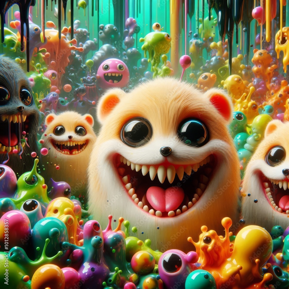 Delightful and Colorful Surroundings of Happy, Smiling Fluffy Creatures in a Rainbow of Playful Slime and Whimsical Joyfulness Unleashed Delightful and Colorful Surroundings of Happy, Smiling Fluffy Creatures in a Rainbow of Playful Slime and Whimsical Joyfulness Unleashed