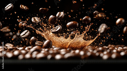 Coffee in motion – roasted coffee beans flying in the air around an explosive splash of coffee liquid against a dark background