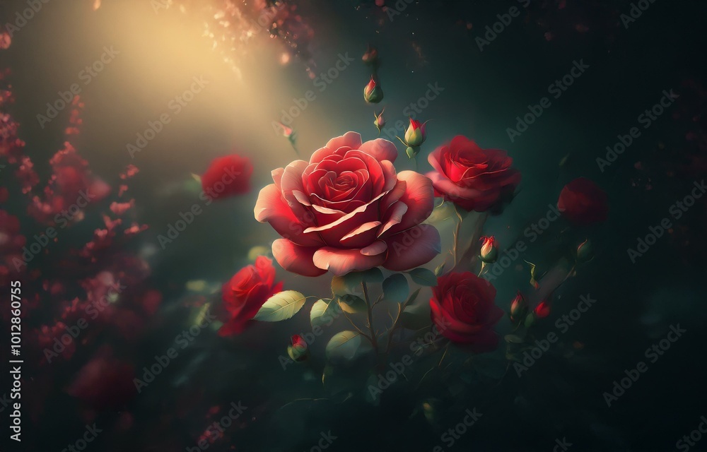 A single, large, red rose blooms in the sunlight, surrounded by smaller roses and buds. A single, large, red rose blooms in the sunlight, surrounded by smaller roses and buds.