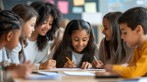 Children working together on creative projects in a colorful and organized classroom, where the teacher promotes teamwork, positive reinforcement, and a sense of accomplishment, ensuring a supportive 