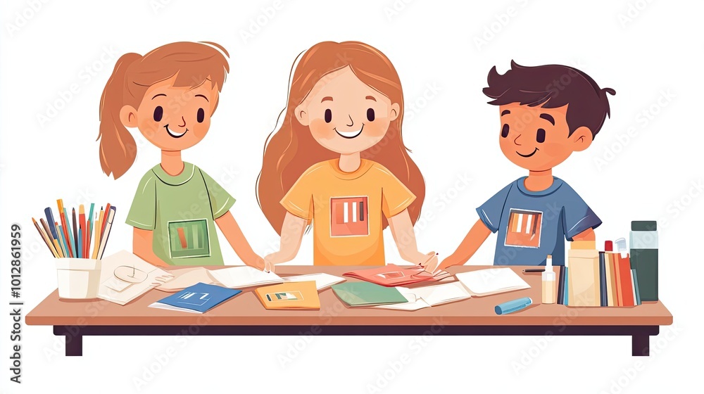 Three Children Studying Together at a Desk with Books and Supplies