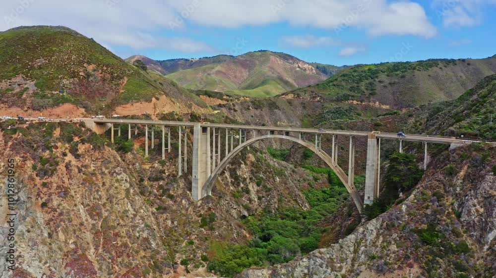 Aerial view of Bixby Bridge on the Pacific coast along Highway 1 in California. Big Sur, Lucia. Travel concept, tourism, journey, vacation. 4K video. Aerial view of Bixby Bridge on the Pacific coast along Highway 1 in California. Big Sur, Lucia. Travel concept, tourism, journey, vacation. 4K video.