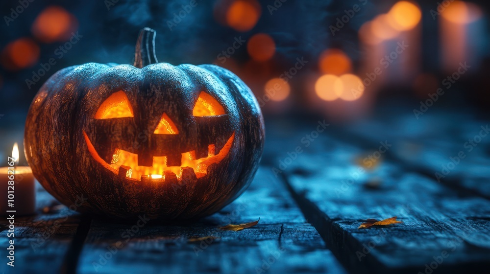 Happy halloween funny pumpkin Jack O'Lantern smiling face on grunge wood bokeh night dark background: Scary cute squash with candle light lit inside: Autumn holiday celebration festival decoration Happy halloween funny pumpkin Jack O'Lantern smiling face on grunge wood bokeh night dark background: Scary cute squash with candle light lit inside: Autumn holiday celebration festival decoration