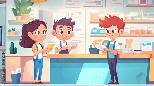 Three Cartoon Children Working at a Counter in a Store