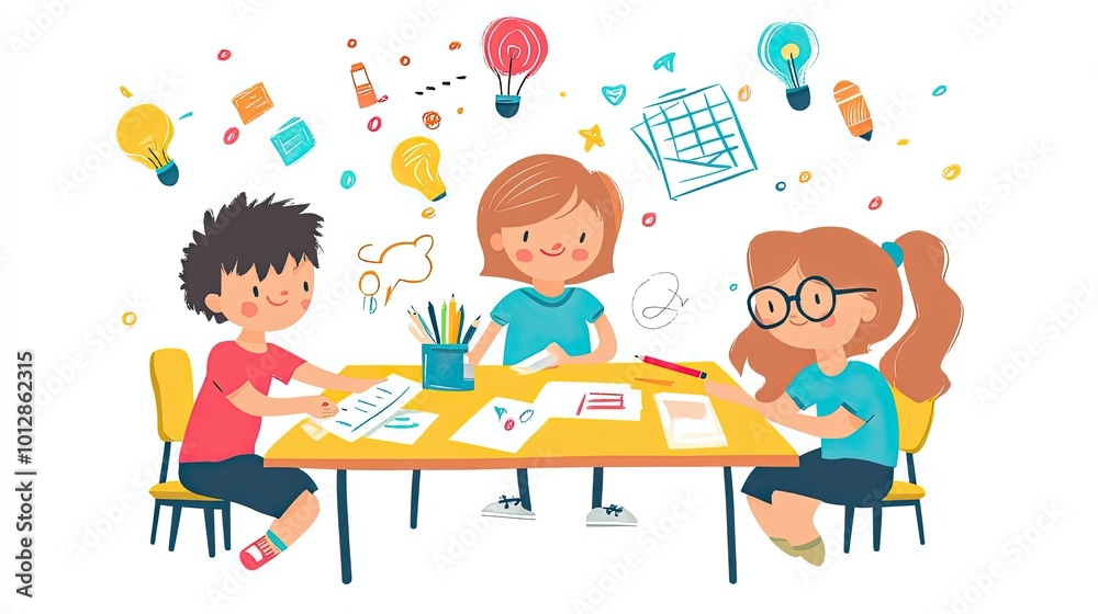 Three Children Sitting at a Table Drawing and Thinking Three Children Sitting at a Table Drawing and Thinking