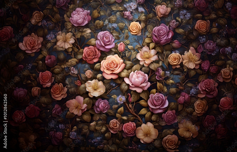 A lush background of brown leaves with many pink, red, and cream colored roses. A lush background of brown leaves with many pink, red, and cream colored roses.