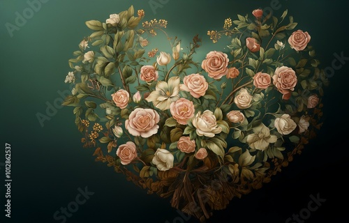 A heart-shaped arrangement of pink and white roses, green leaves, and brown stems on a dark green background.