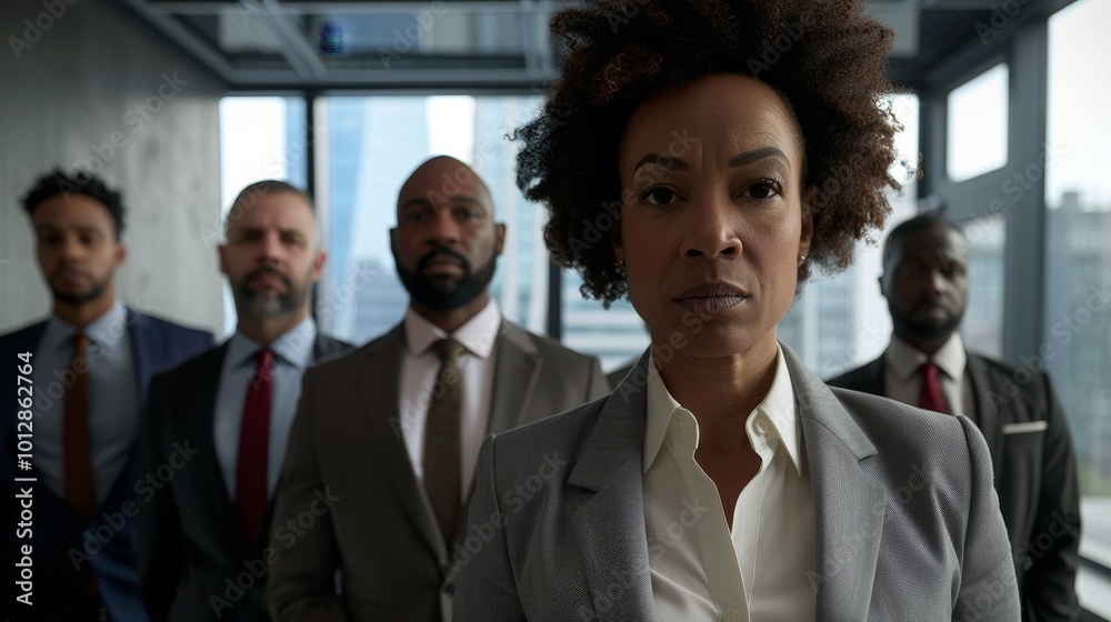 Diverse group of professionals in business attire standing confidently in modern office lobby, symbolizing dynamic labor market and urban work environment. Diverse group of professionals in business attire standing confidently in modern office lobby, symbolizing dynamic labor market and urban work environment.