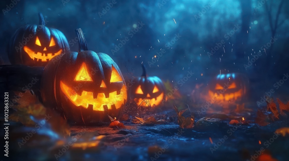 Naklejka premium Jack O' Lanterns Glowing In Fantasy Night. Halloween Background
