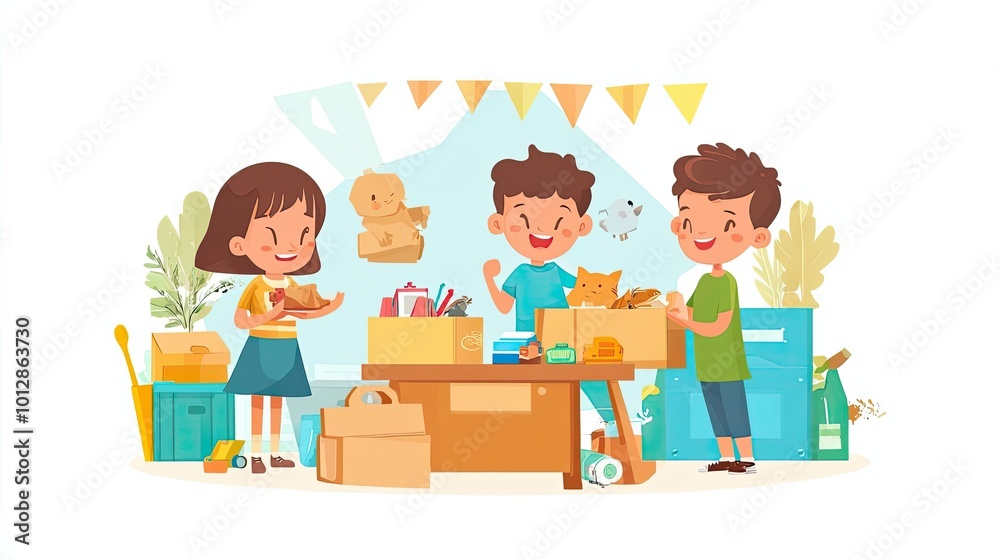 Three Children and a Cat Packing Boxes for a Move Three Children and a Cat Packing Boxes for a Move