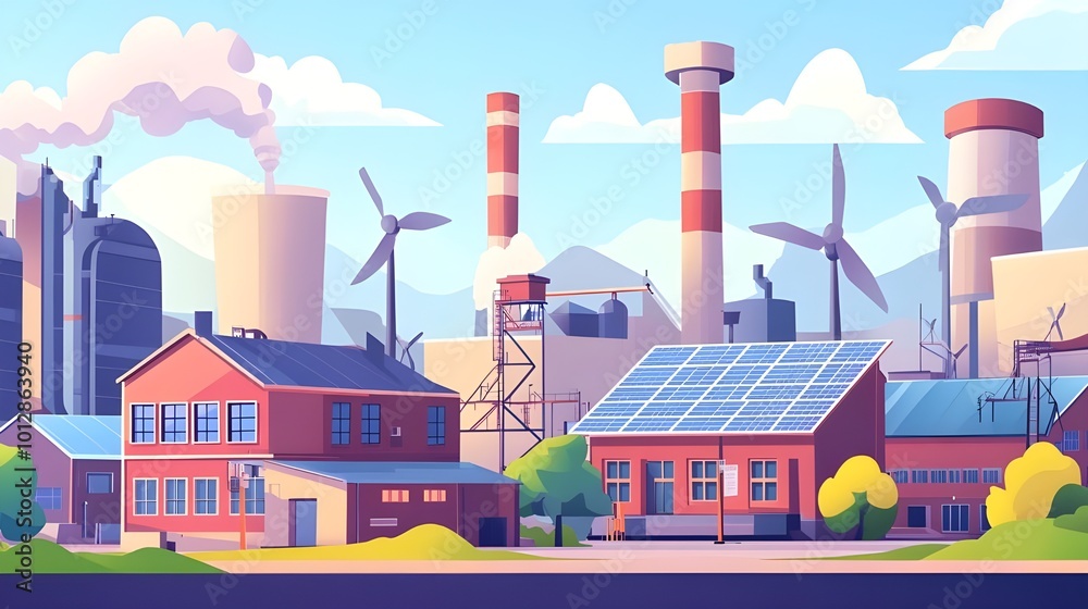 Modern Green Factory with Wind Turbines and Solar Panels. Modern Green Factory with Wind Turbines and Solar Panels.