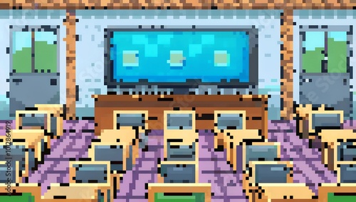 Pixel art of a school computer lab with monitors and chairs