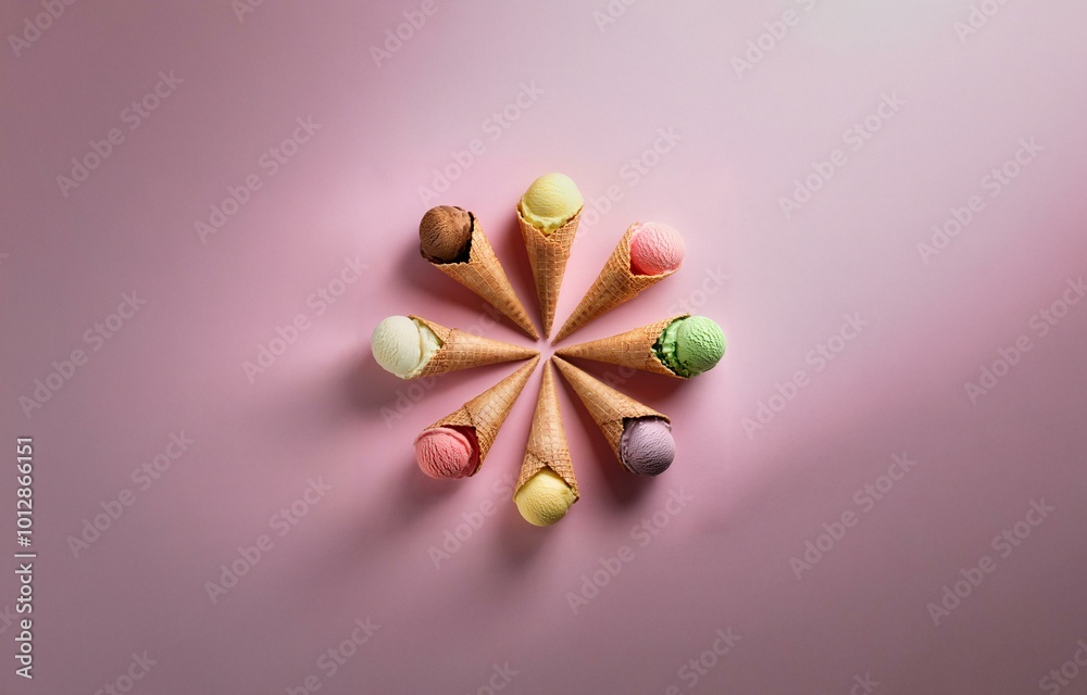 A variety of ice cream cones in different flavors arranged in a circle on a pink background. A variety of ice cream cones in different flavors arranged in a circle on a pink background.