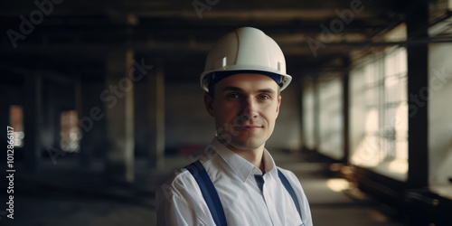 Portrait of a Male Engineer or Architect in a White Helmet on a Construction Site. Man at Work