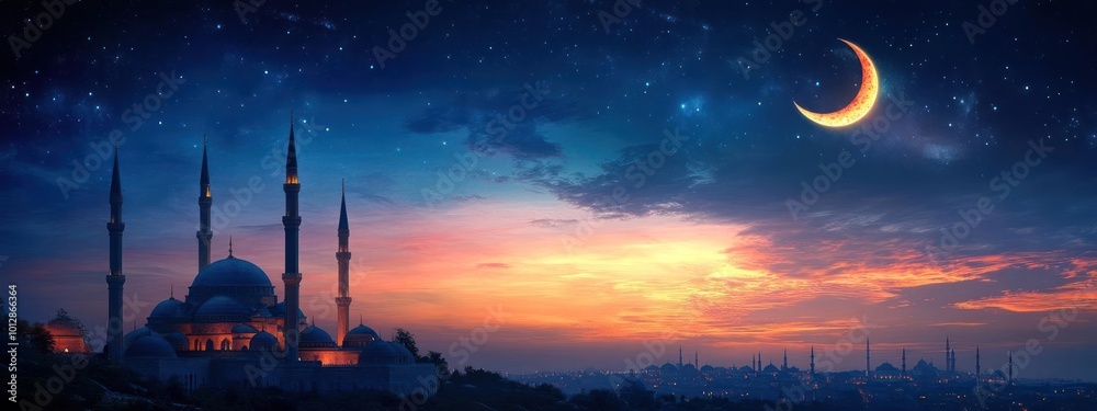 Obraz premium a night scene of a mosque with a crescent in the sky