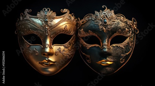 two gold and silver masks with ornate designs