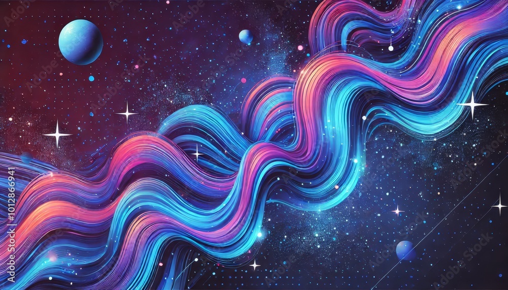 Abstract gradient particle waves seamlessly flowing with soft light and bokeh. Fucsia and blue digital waves. Technology, engineering, science and artificial intelligence background. 4k loop.