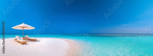 A tranquil beach scene featuring white sand, clear turquoise waters, and a sunshade, perfect for relaxation on a sunny day.
