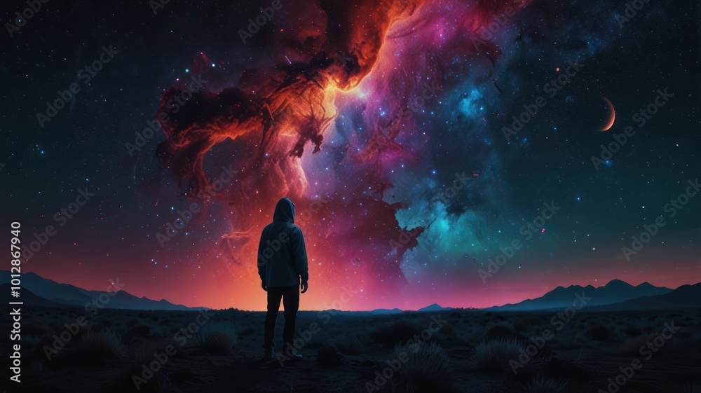 A lone figure stands in a desert landscape gazing up at a vibrant nebula in the night sky. A lone figure stands in a desert landscape gazing up at a vibrant nebula in the night sky.