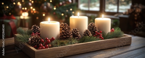 Rustic Holiday Centerpiece Wooden Tray with Candles, Pinecones, and Berries for a Cozy Christmas Decor