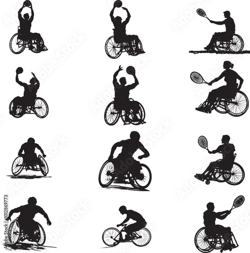Dynamic Wheelchair Sports Silhouettes in Black and White