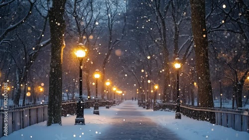 Snowy Central Park at night. snow-covered trees, glowing lampposts, winding path. NYC skyline in distance. tranquil winter scene.