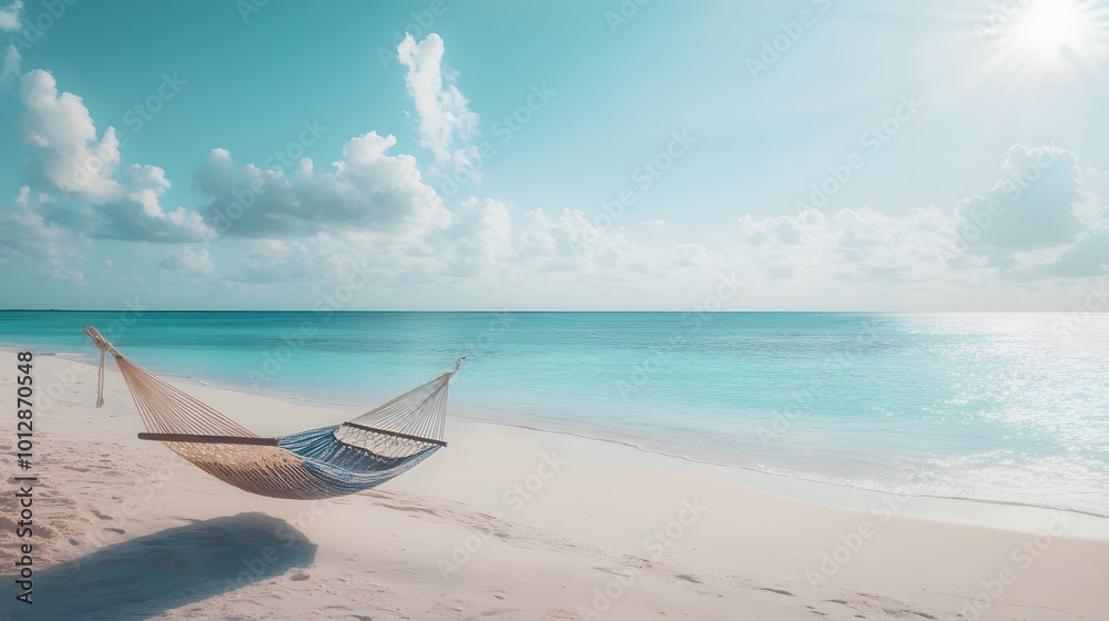 A tranquil tropical beach backdrop featuring a beach swing or hammock, white sand, and a serene sea, ideal for relaxation and summer holidays in the Bahamas A tranquil tropical beach backdrop featuring a beach swing or hammock, white sand, and a serene sea, ideal for relaxation and summer holidays in the Bahamas