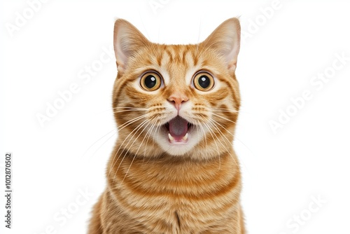 A surprised orange tabby cat with wide eyes and an open mouth, conveying shock or excitement against a plain background.