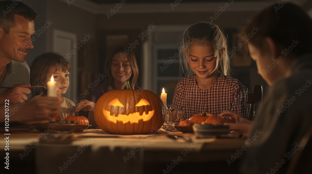 Young girl carving a pumpkin at table with family Young girl carving a pumpkin at table with family