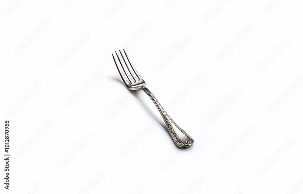 A single silver fork lies on a white surface.