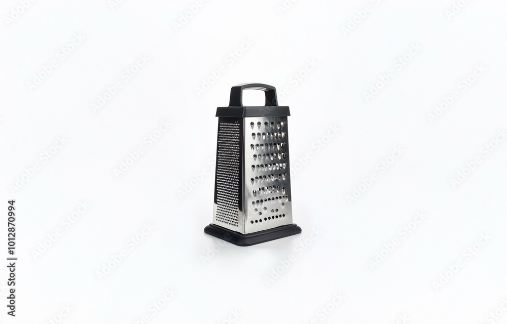 A silver grater with a black handle and base sits on a white background. A silver grater with a black handle and base sits on a white background.