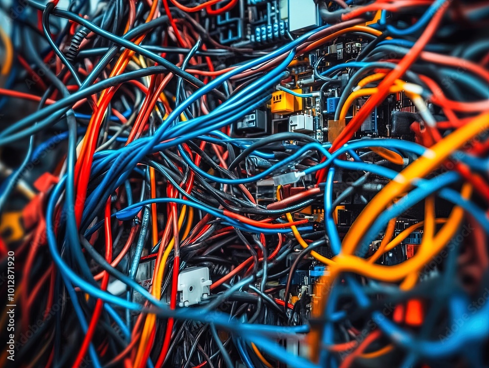 Vibrant Chaos: A Tangle of Wires and Cables in Red, Blue, and Yellow - Perfect for a Tech-Inspired Sports Interior Poster Vibrant Chaos: A Tangle of Wires and Cables in Red, Blue, and Yellow - Perfect for a Tech-Inspired Sports Interior Poster
