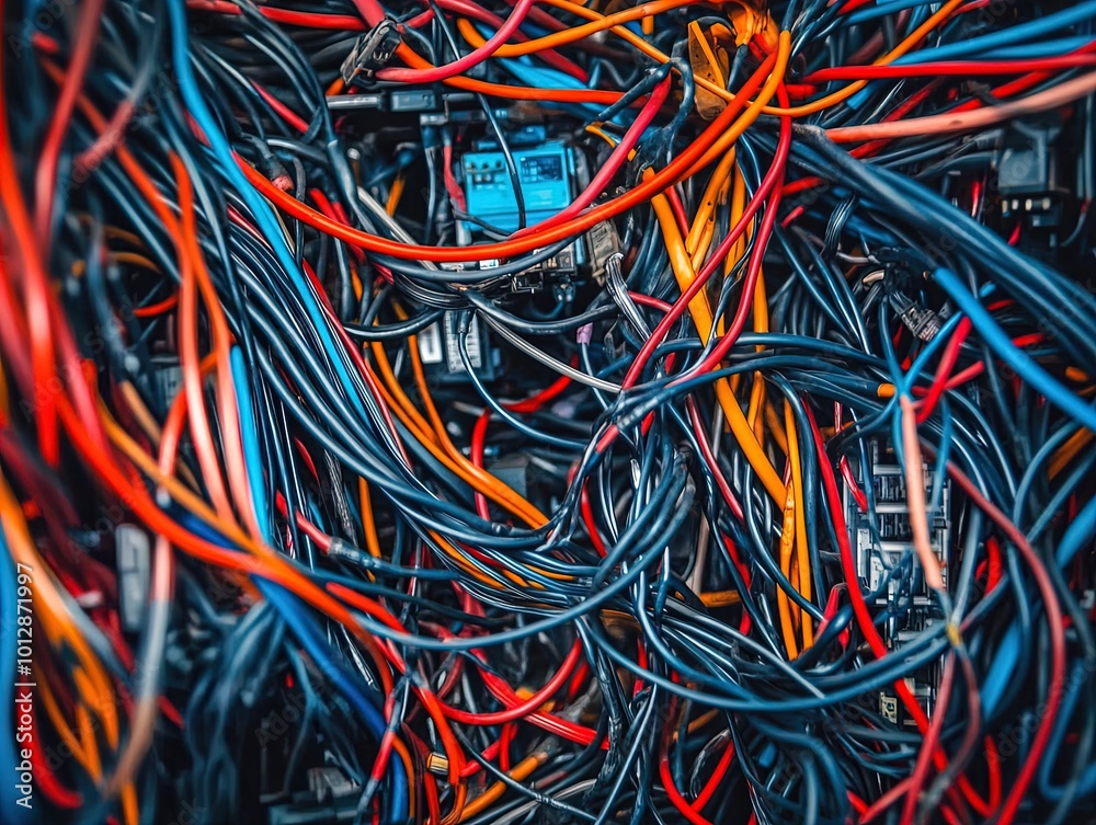 Vibrant Chaos: A Tangle of Wires and Cables in Red, Blue, and Yellow - Perfect for a Tech-Inspired Sports Interior Poster Vibrant Chaos: A Tangle of Wires and Cables in Red, Blue, and Yellow - Perfect for a Tech-Inspired Sports Interior Poster