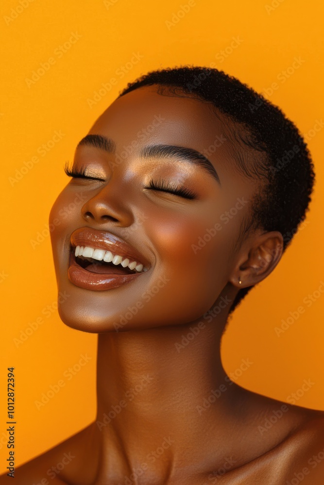 Radiant Black woman with short hair laughing joyfully against a vibrant orange background. Capturing beauty, happiness, and positivity with a close-up focus on her glowing skin. Radiant Black woman with short hair laughing joyfully against a vibrant orange background. Capturing beauty, happiness, and positivity with a close-up focus on her glowing skin.