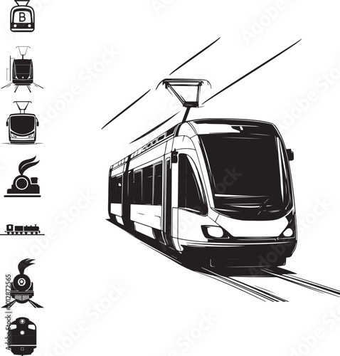 Minimalist Black and White Tram and Train Icon Set