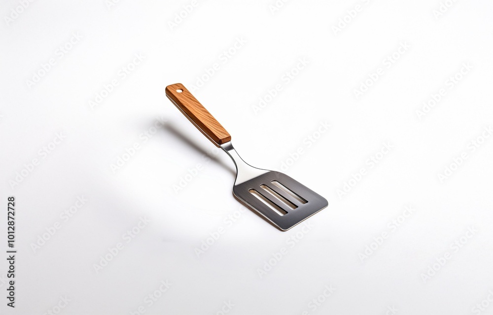 A stainless steel spatula with a wooden handle is isolated against a white background.