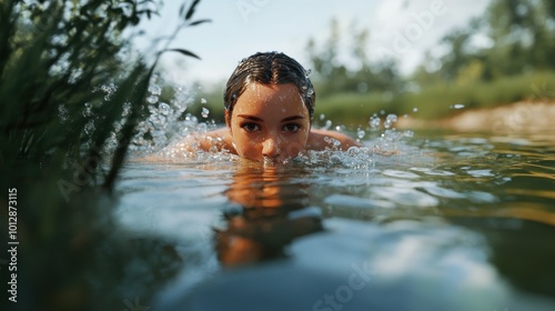 A young person swimming in a natural setting, creating splashes in the water.