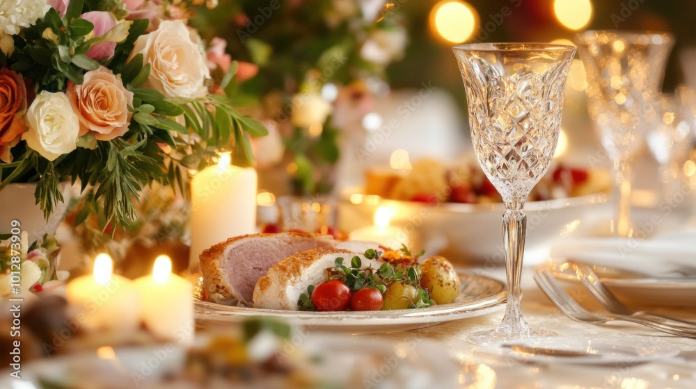 Lavishly set banquet table with fine china, crystal glasses, candles, gourmet dishes. warm lighting casts soft glow. Lavishly set banquet table with fine china, crystal glasses, candles, gourmet dishes. warm lighting casts soft glow.