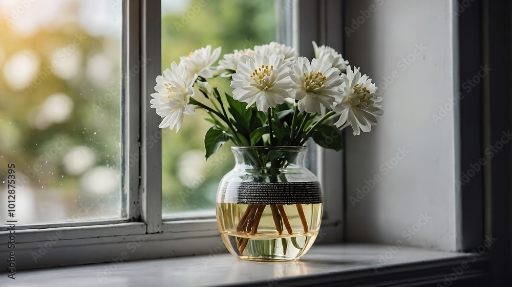White flowers in the window White flowers in the window