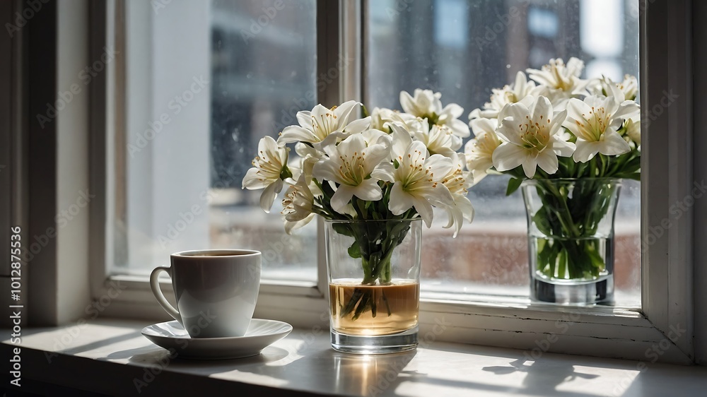 White flowers in the window White flowers in the window