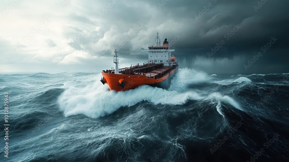 Naklejka premium Cargo ship navigating through stormy sea with dramatic clouds and waves.
