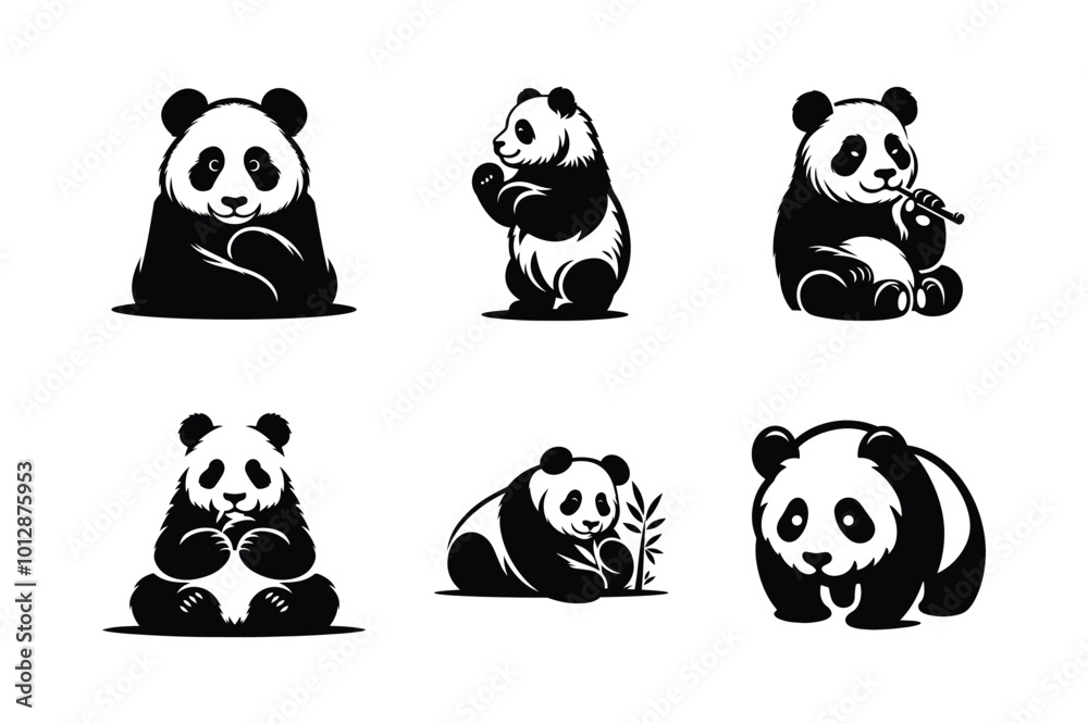 Fototapeta premium Panda silhouette icon set. Vector illustration of a panda on white background.