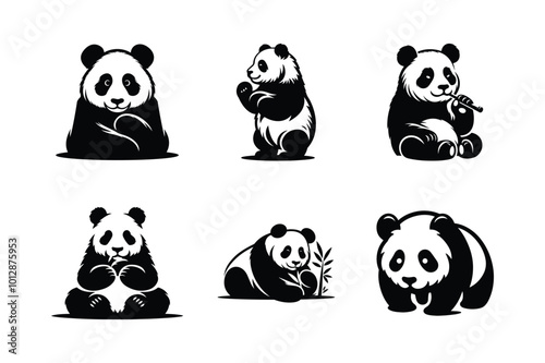 Panda silhouette icon set. Vector illustration of a panda on white background.