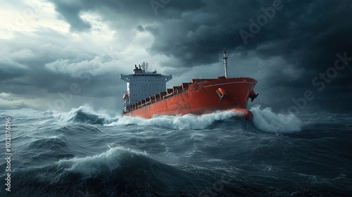 Obraz na płótnie Cargo ship navigating through stormy waves in a dramatic ocean setting.