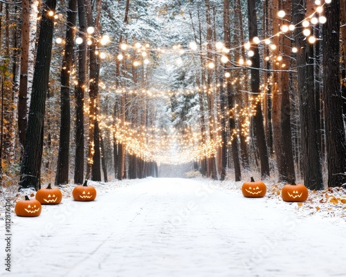 A Halloween party in a mystical winter forest glowing pumpkins amidst snow-covered trees photo